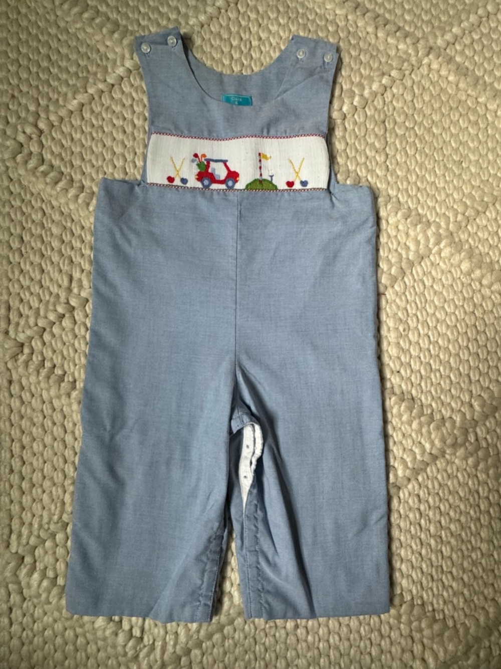Smocked Light Blue Boy’s Overalls with Golf Cart Smocking - Size 2T